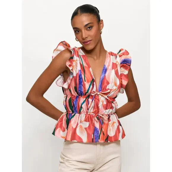 HUTCH Loni Brick Textured Orchids Ruffle Top Size Small NEW - Picture 2 of 8
